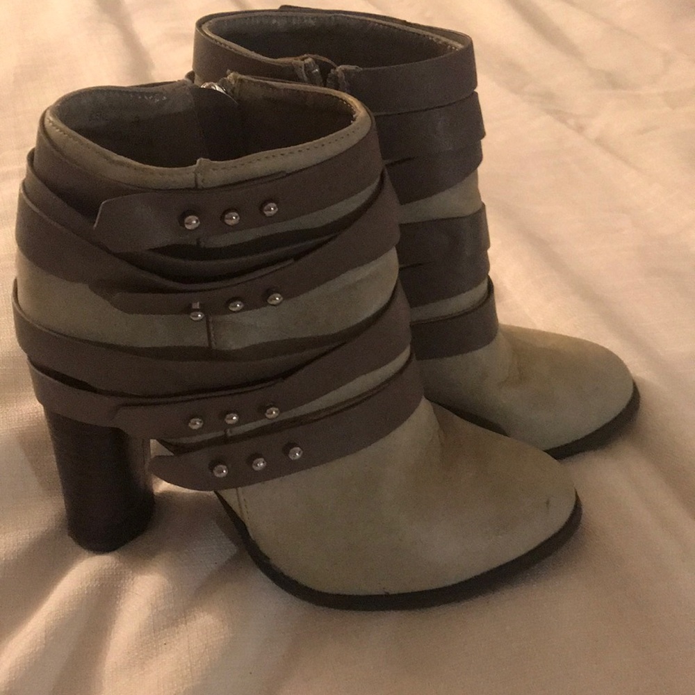Gray heeled booties